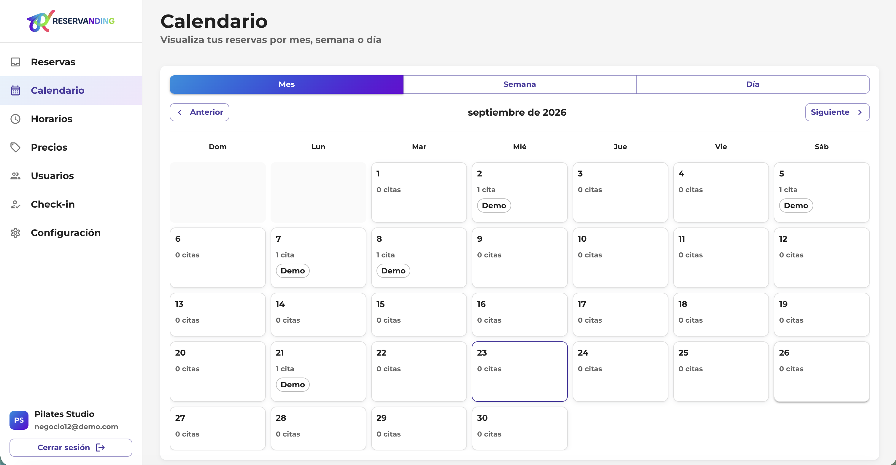 Panel de calendario de Reservanding