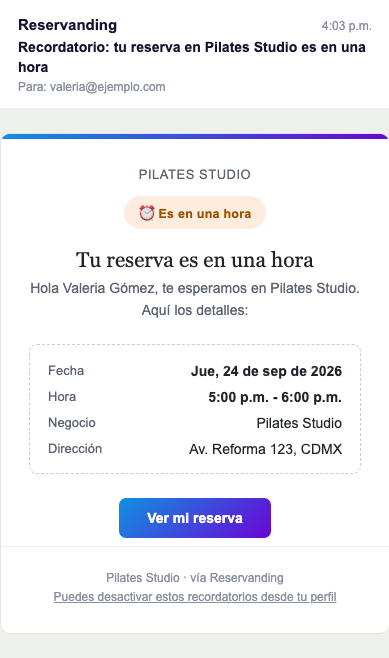 Email de recordatorio automático que le llega al cliente, abierto en el celular